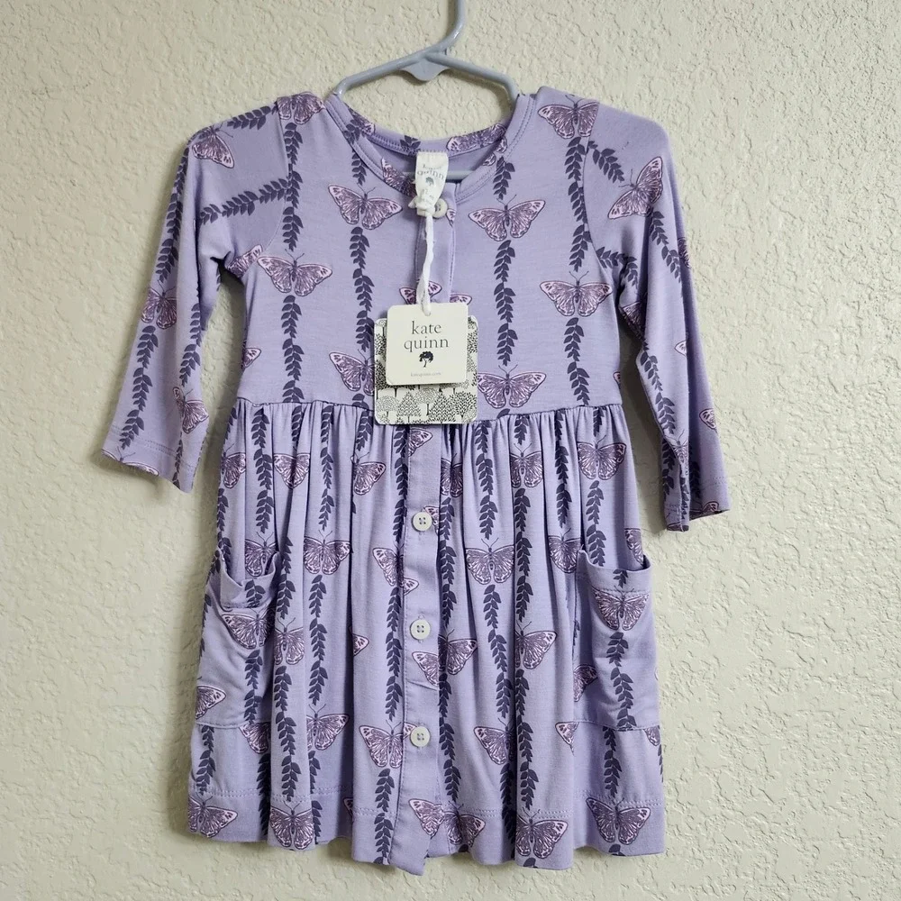 Kate Quinn Bamboo Butterfly Vine Long Sleeve Button Front Pocket Dress 12-18M